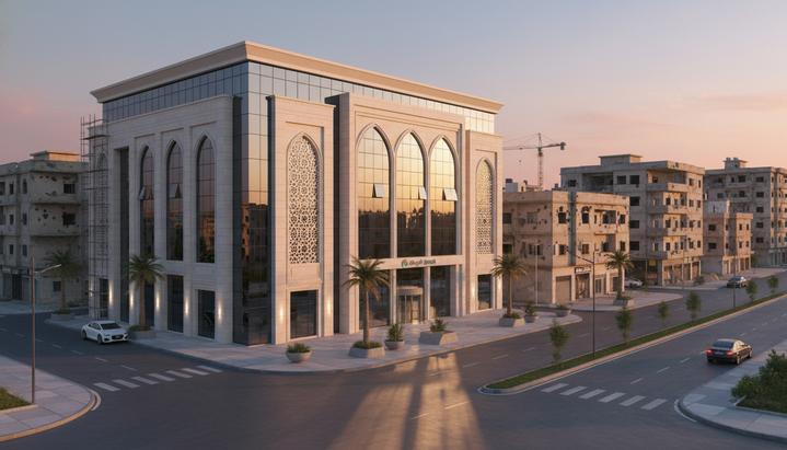 Катарский холдинг приобретает доли в сирийских банках после смены режима Современное здание банка в сирийском городе на фоне новой застройки, символизирующее восстановление экономики.