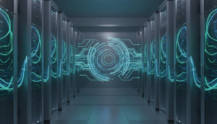 Paysafe и Pay.com объединились для оптимизации онлайн-платежей Современный серверный центр с аккуратно уложенными сетевыми кабелями, светящимися синим и зеленым цветом, символизирующими поток данных.