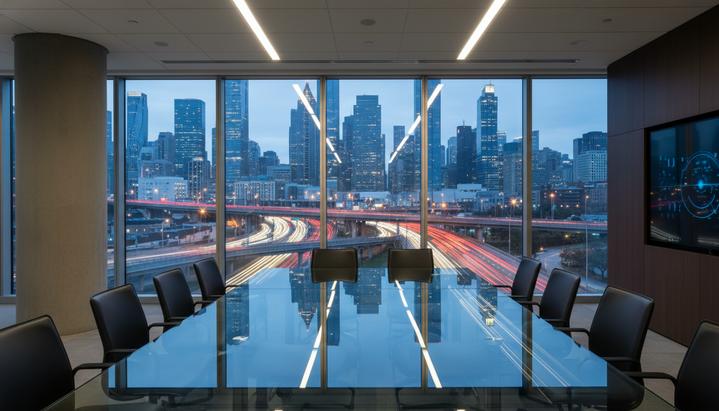 Современный пустой зал заседаний с большим стеклянным столом и панорамным окном с видом на ночной деловой центр города.