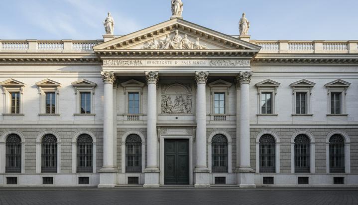 Величественный фасад старинного итальянского банка с колоннами и скульптурами в утреннем свете на пустой улице.