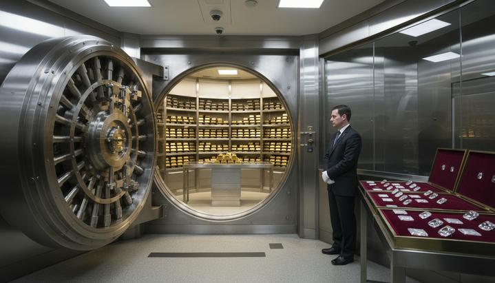 Открытая массивная дверь банковского хранилища, за которой на полках видны слитки золота и россыпи бриллиантов.