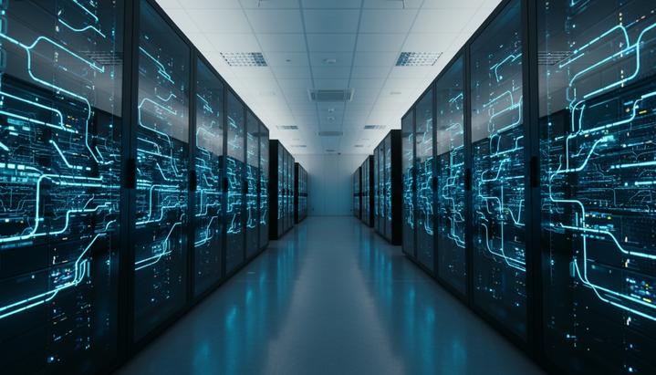 Просторный зал современного дата-центра с рядами серверных стоек, подсвеченных голубыми светодиодными огнями.