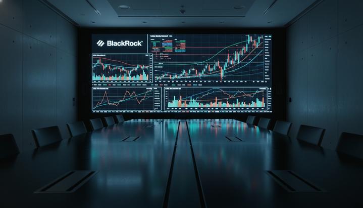 Пустой современный зал заседаний с большим столом и экраном на стене, на котором виден логотип BlackRock и финансовые графики.