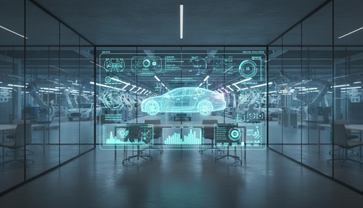 Голограмма с данными и 3D-моделью автомобиля в современном офисе с видом на завод по производству автомобилей.