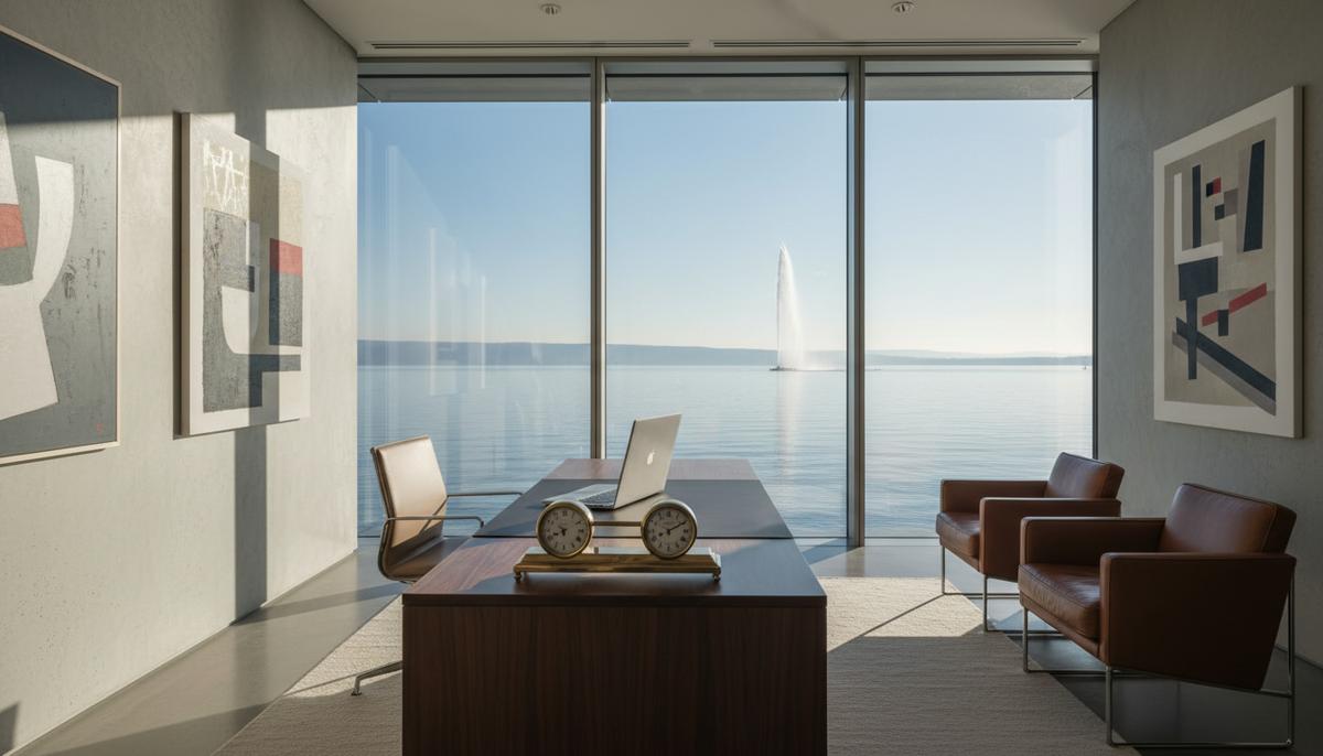 Интерьер современного офиса швейцарского банка с панорамным окном, выходящим на Женевское озеро и фонтан Же-До.