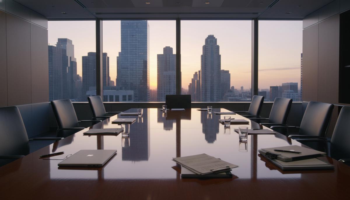 Пустая современная переговорная комната с большим столом и панорамным окном с видом на деловой центр города.