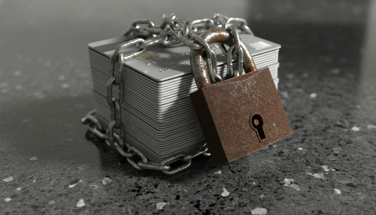 Лимит ставок по кредиткам в США затронет до 159 миллионов держателей карт Стопка кредитных карт, перетянутая металлической цепью и закрытая на замок, на темной гранитной поверхности.