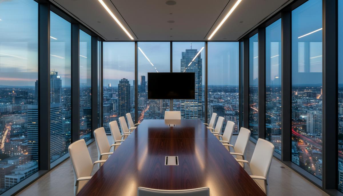 Пустой зал для переговоров с большим столом в небоскребе с панорамным видом на вечерний деловой центр города.