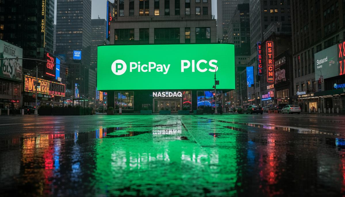 Цифровой билборд с логотипом бразильского банка PicPay и тикером PICS на здании фондовой биржи Nasdaq в Нью-Йорке в сумерках.