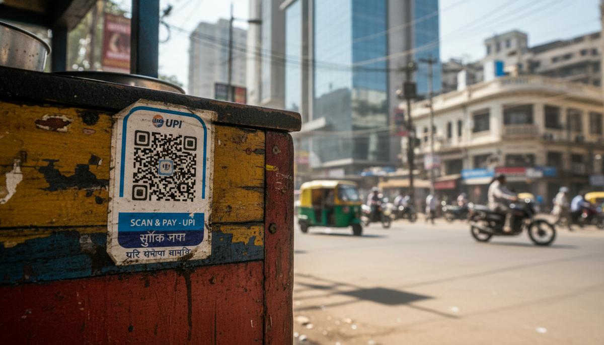 Крупный план QR-кода для оплаты на прилавке уличного торговца в Индии на фоне размытой городской улицы.