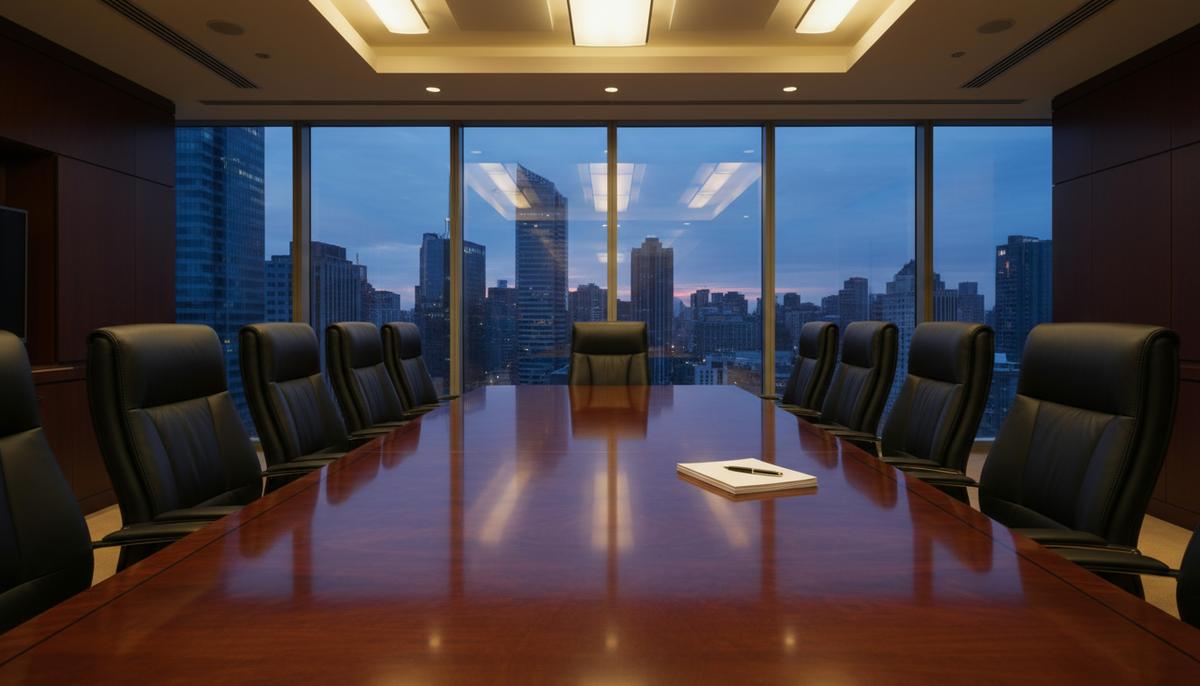 Пустой зал заседаний в современном офисе с длинным полированным столом, креслами и панорамным видом на город из окна.