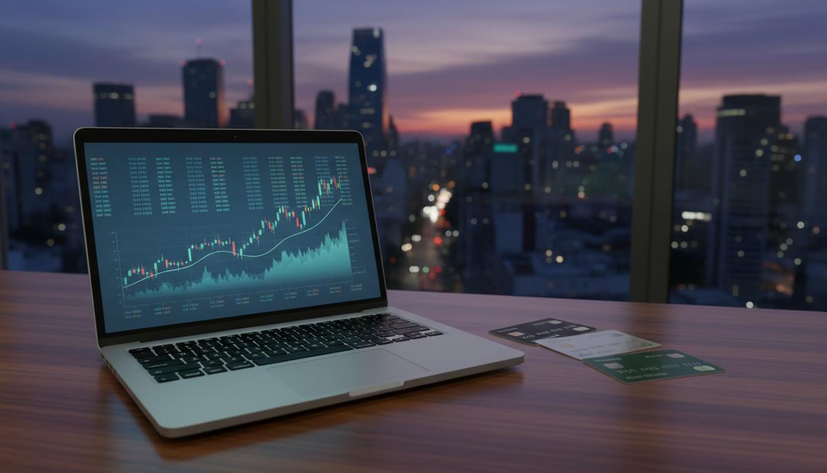 Современный рабочий стол в офисе с ноутбуком, на экране которого финансовые данные, и кредитными картами на фоне панорамы города.