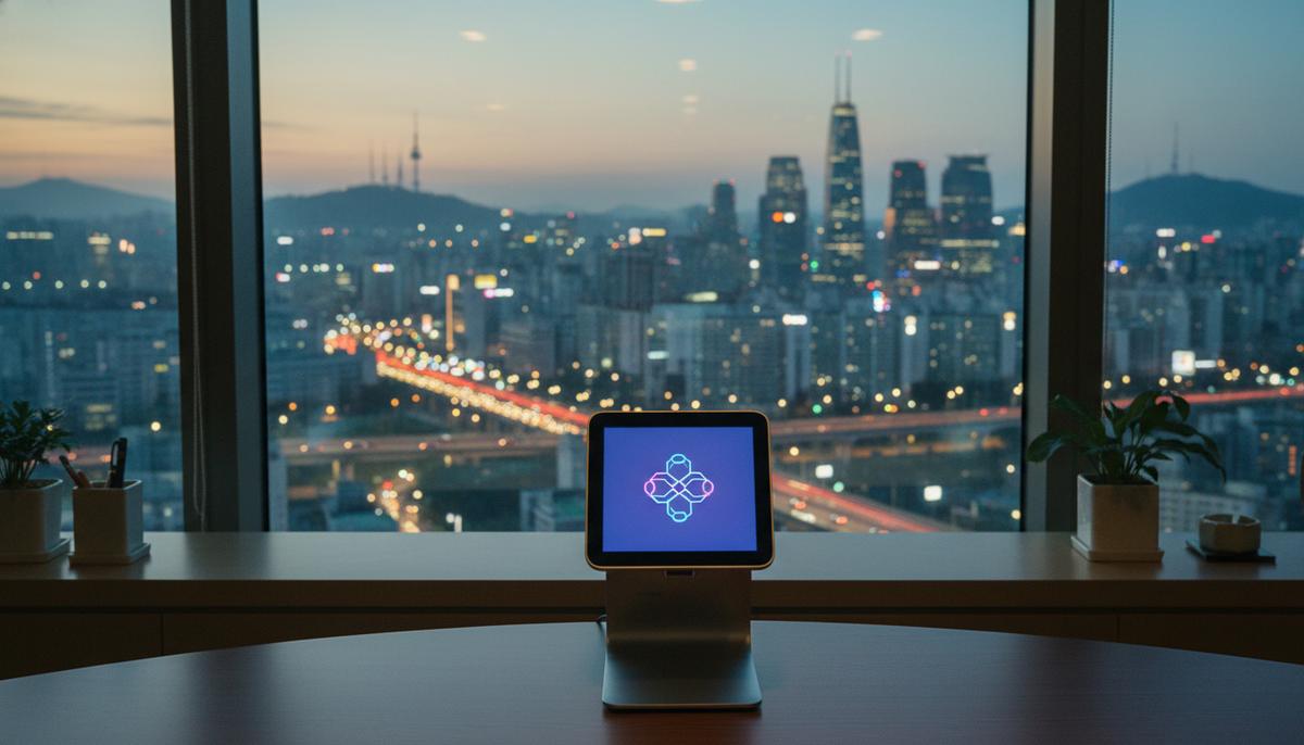 Платежный терминал на офисном столе на фоне панорамного окна с видом на вечерний городской пейзаж Сеула, Южная Корея.