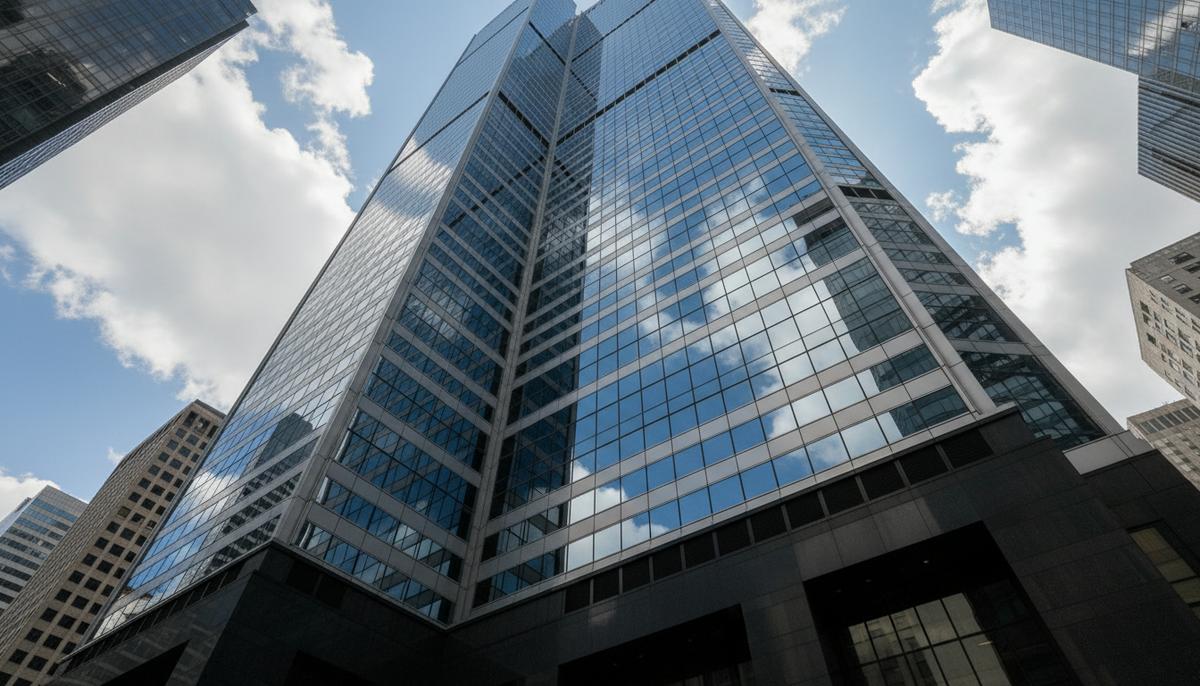Современный стеклянный небоскреб в финансовом квартале, фасад из стекла и стали, в котором отражаются облака.