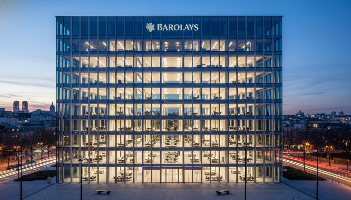 Современный стеклянный небоскреб банка Barclays в деловом квартале Парижа в сумерках, в окнах горит свет.