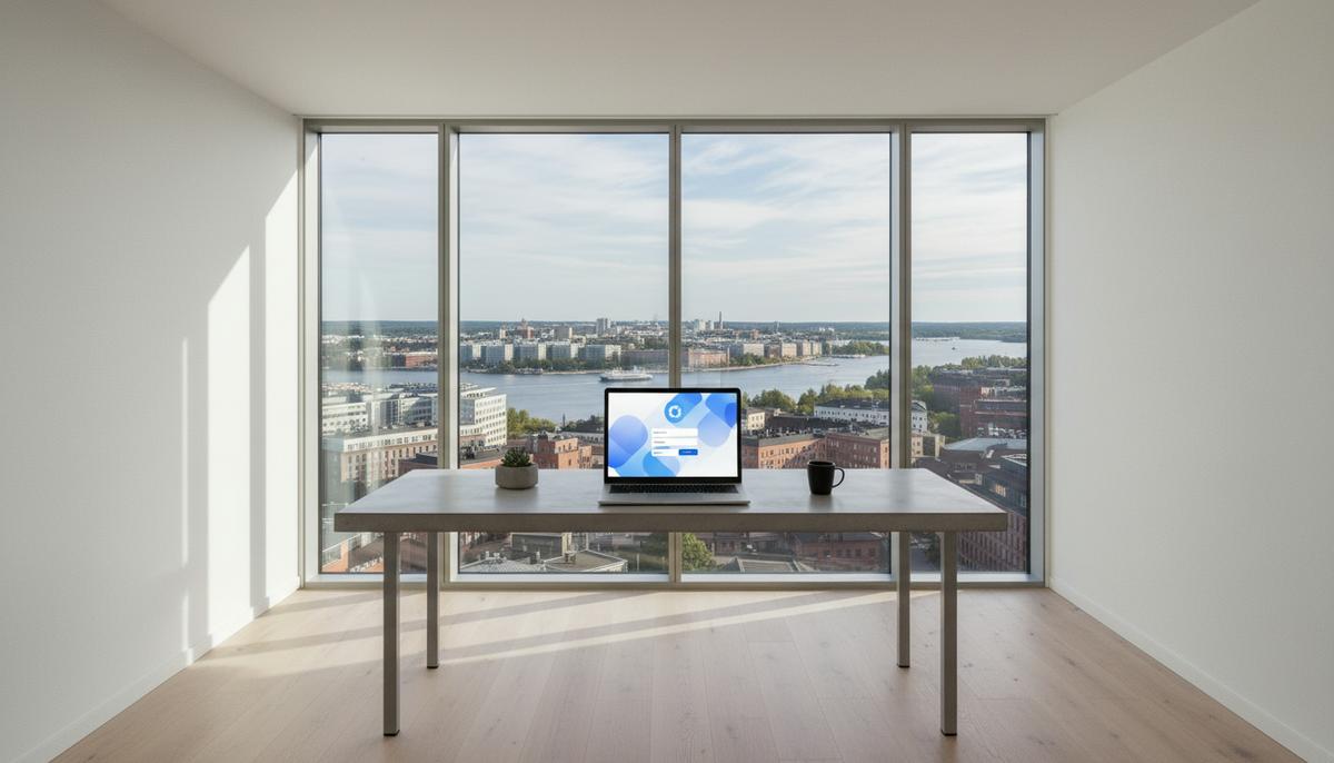 TrueLayer и Stripe расширяют сервис Pay by Bank на рынок Финляндии Современный офисный стол с ноутбуком, на экране которого интерфейс онлайн-оплаты. За окном виден городской пейзаж Хельсинки.