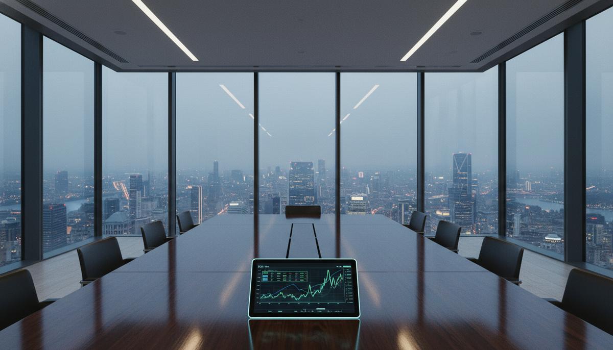 EQT покупает Coller Capital за $3,2 млрд для экспансии на вторичном рынке Пустой современный конференц-зал в небоскребе с видом на ночной деловой центр. На столе лежит планшет со светящимися графиками.