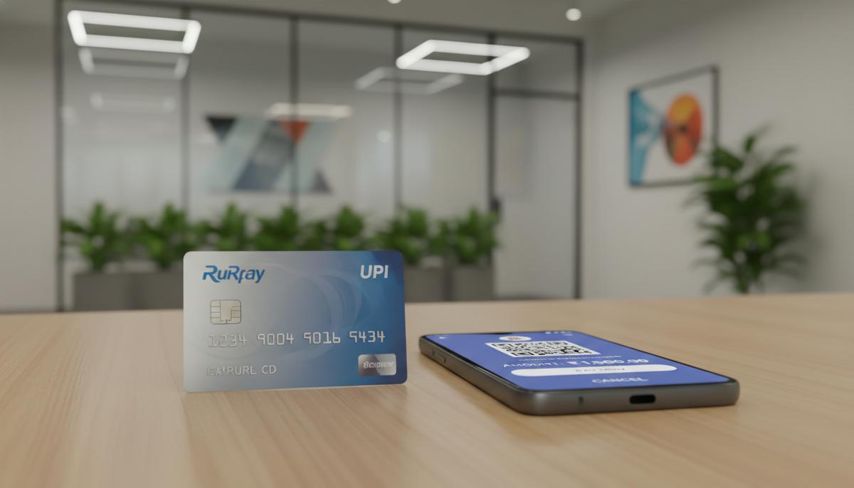 Кредитная карта RuPay лежит рядом со смартфоном, на экране которого отображается интерфейс платежной системы UPI.