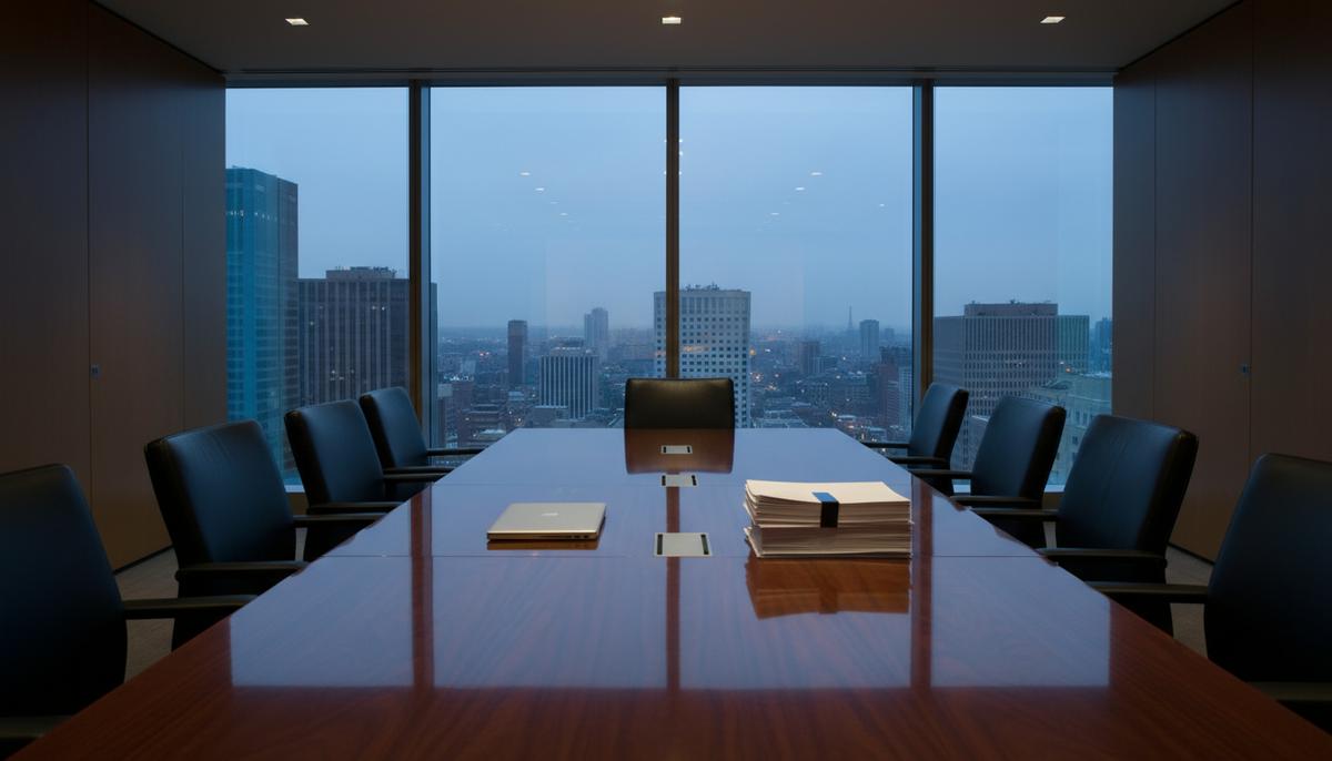 Пустой зал для переговоров с длинным столом и креслами на фоне панорамных окон с видом на вечерний город.