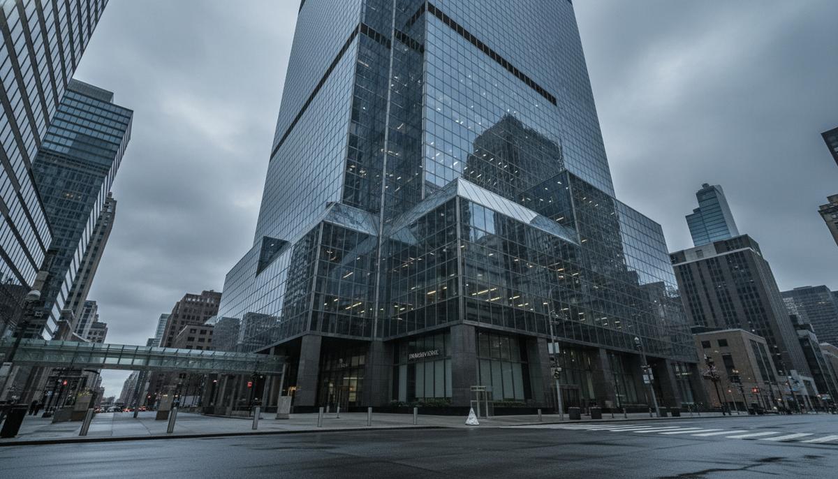 Трамп подал иск на 5 млрд долларов к JPMorgan за закрытие счетов Небоскреб JPMorgan Chase в Нью-Йорке на фоне пасмурного неба. Стеклянный фасад здания, вид с нижнего ракурса.