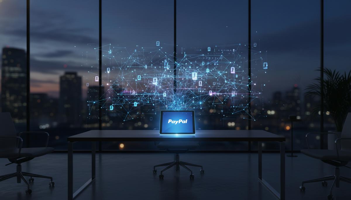 PayPal приобретает Cymbio для интеграции торговли с ИИ-платформами Планшет с логотипом PayPal на столе в темном офисе, над которым светится голограмма в виде сети данных, символизирующая интеграцию с ИИ.
