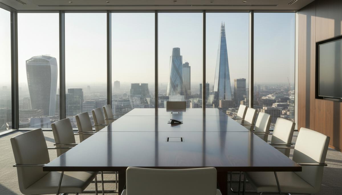 Британский Rathbones сменил главу дочерней компании Vision IFP Пустой современный зал заседаний с большим столом и панорамным видом из окна на деловой и финансовый район Лондона.
