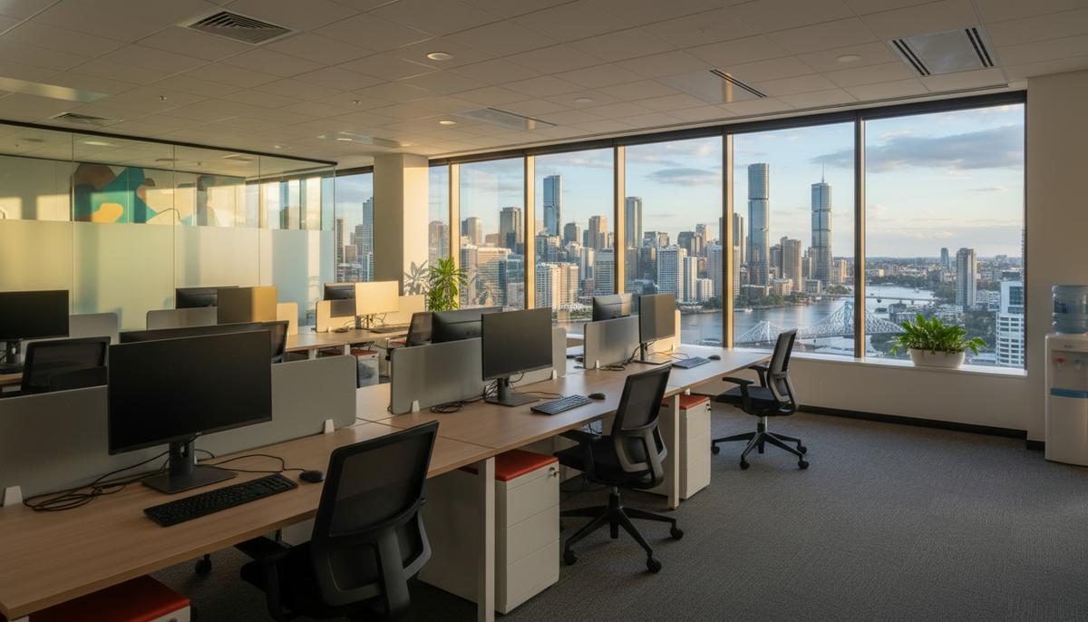 Пустой современный офис с рядами столов и компьютеров. Через большие окна виден городской пейзаж Брисбена в Австралии.