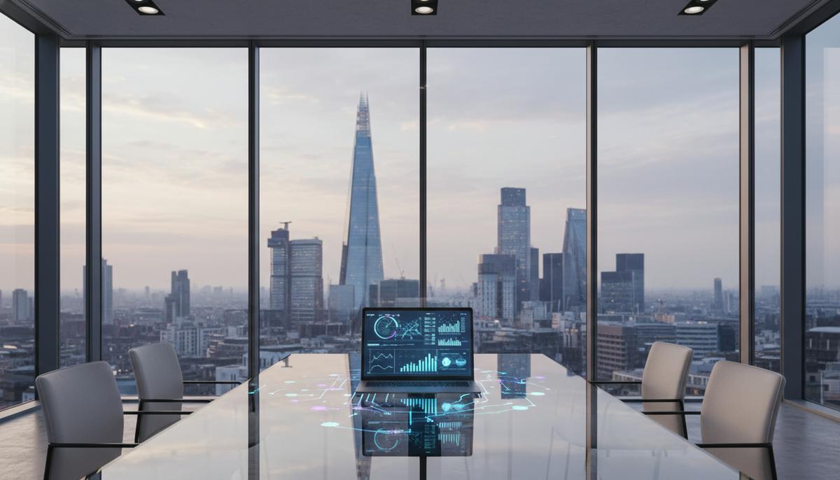 Великобритания инвестирует в финтех для расширения доступа к финсоветам Пустой зал для переговоров в современном офисе. На стеклянном столе стоит ноутбук со светящимся экраном с финансовыми графиками.