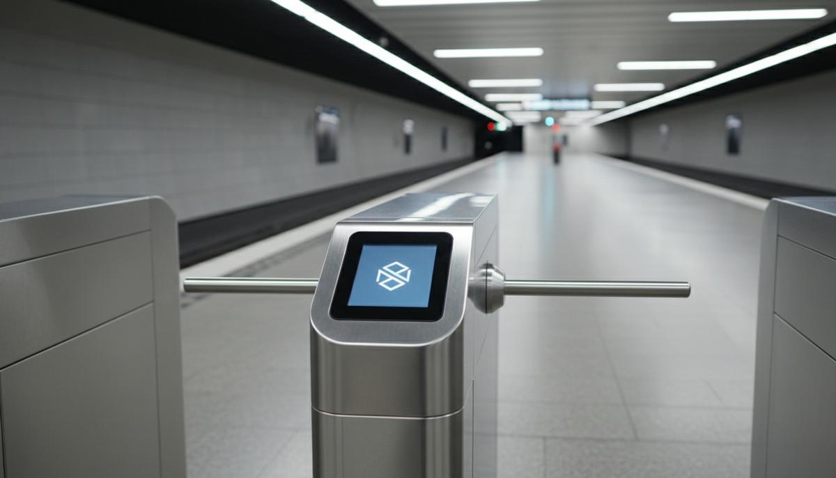 Турникет на пустой станции метро, оснащенный современным светящимся терминалом для цифровой оплаты проезда.