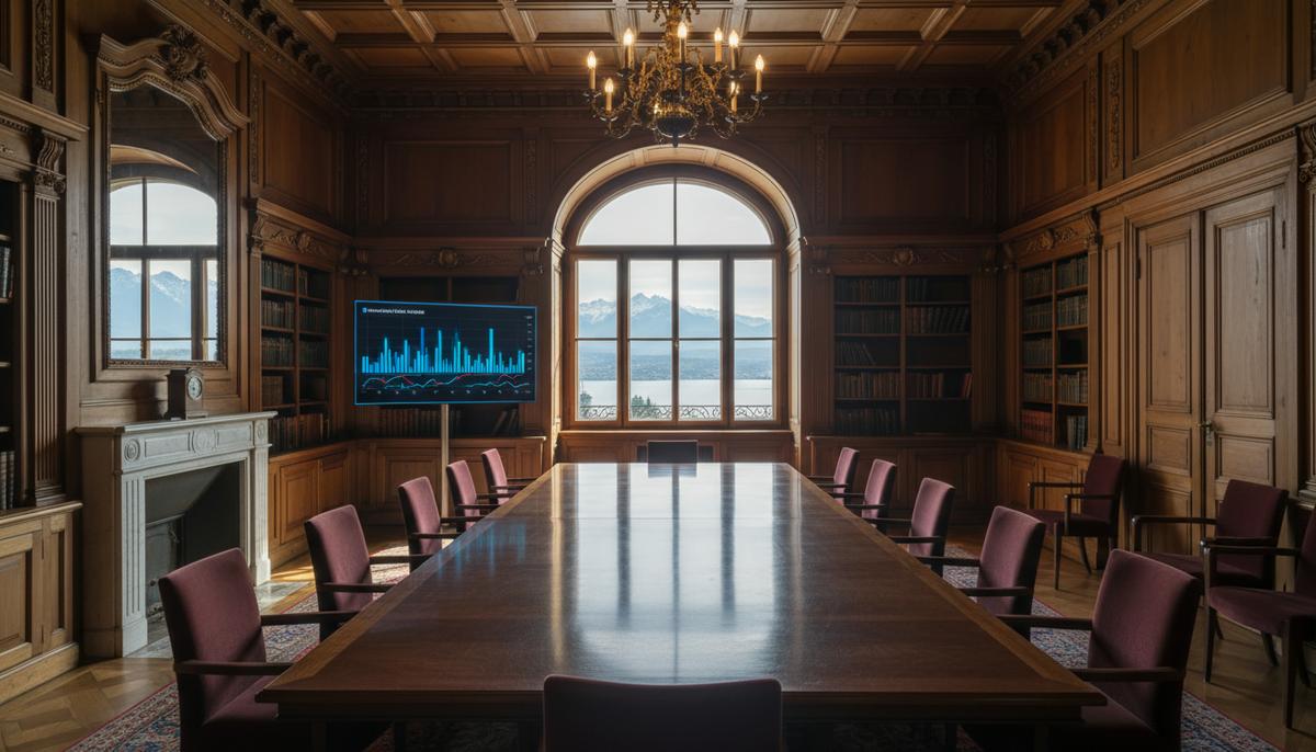 Пустой зал для переговоров в частном банке в Цюрихе с большим столом, панорамным окном и экраном с финансовыми графиками.