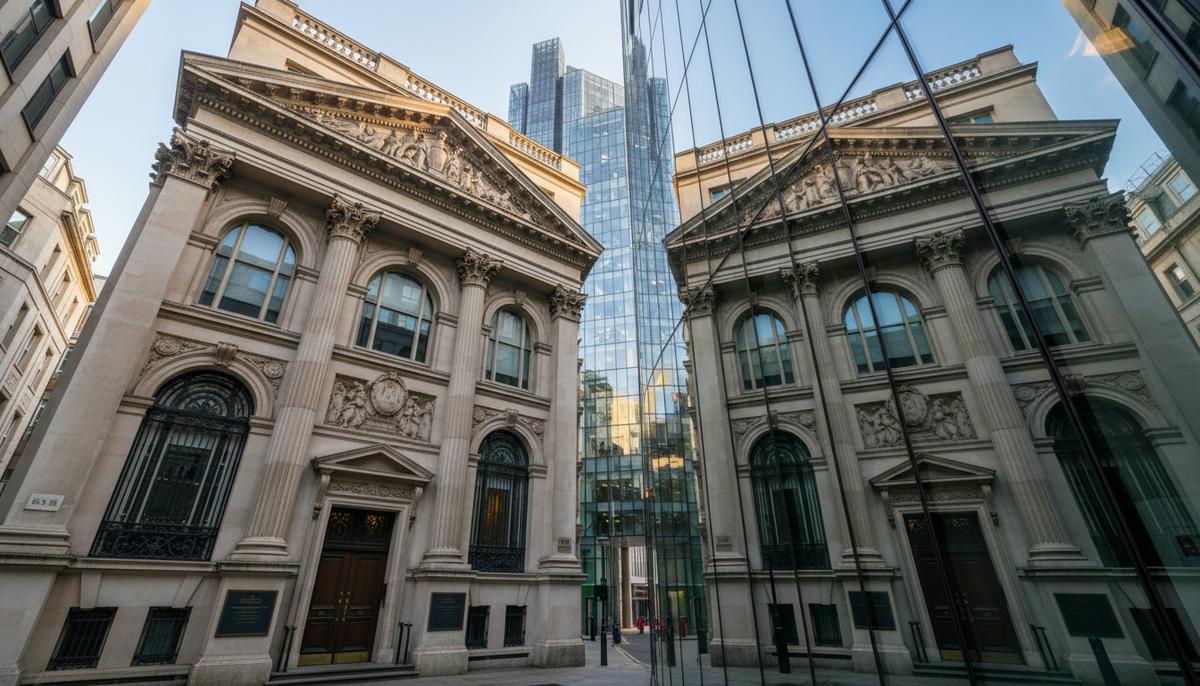 Ведущие банки Европы пересматривают прогнозы прибыльности в сторону повышения Фасад старинного каменного банка в финансовом квартале Лондона, отражающийся в стеклянных окнах современного небоскреба.