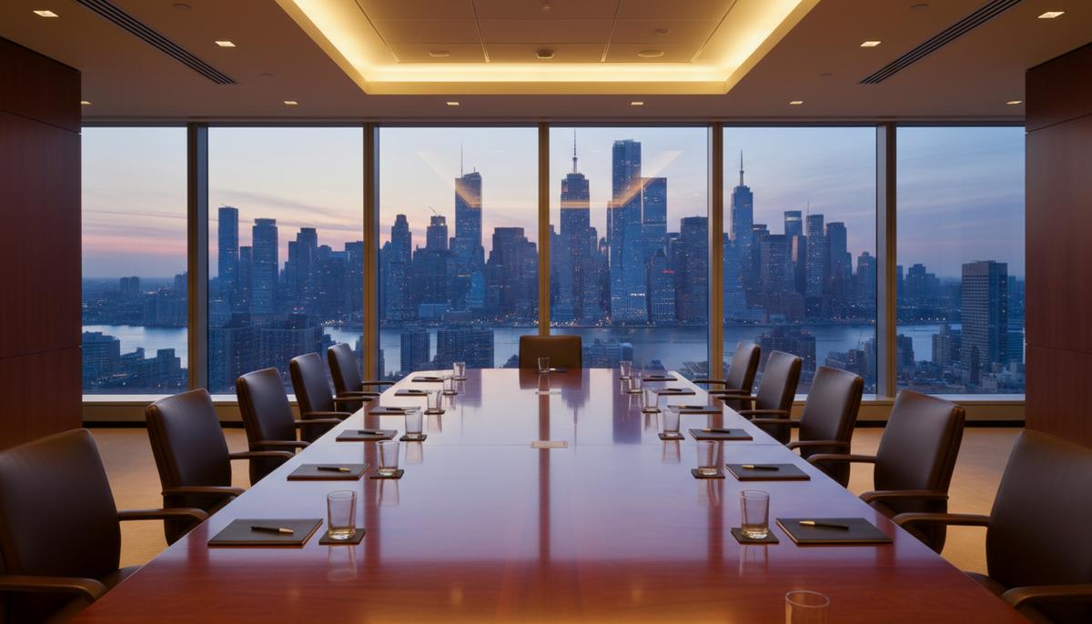 Пустой зал заседаний в небоскребе с панорамным видом на вечерний деловой центр Нью-Йорка и отражениями на полированном столе.