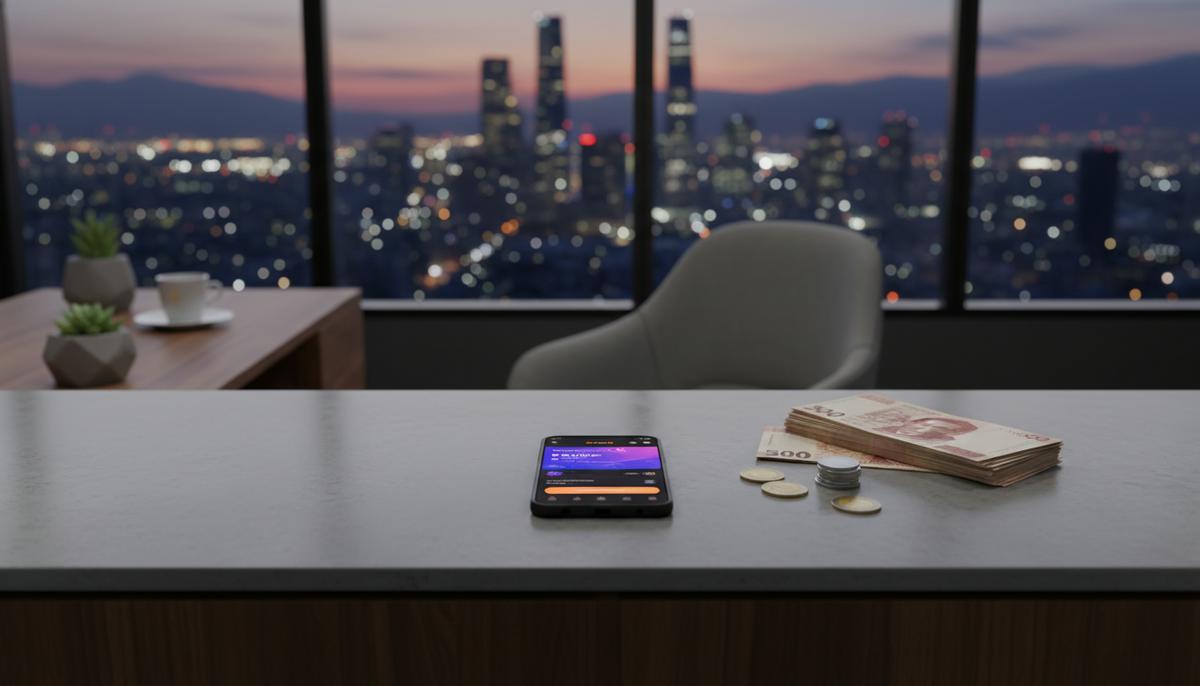 Смартфон с приложением Revolut на экране лежит на столе рядом с банкнотами мексиканских песо на фоне размытого офиса и вида на город.