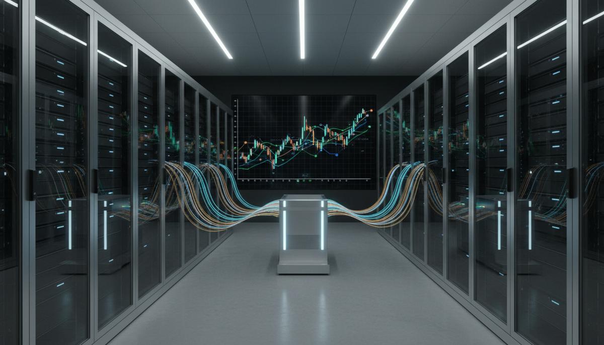 Современный серверный зал с оптоволоконными кабелями, по которым движутся светящиеся потоки данных. На экране виден сложный финансовый график.