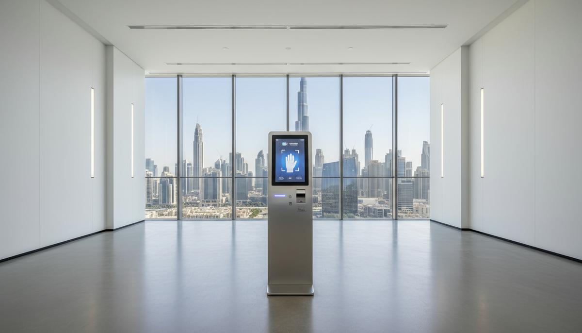 В ОАЭ тестируют оплату по лицу и ладони вместо банковских карт Терминал для оплаты по лицу и ладони в холле современного офисного здания с видом на небоскребы Дубая.