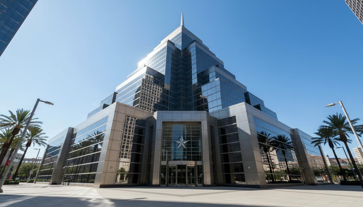 Слияние Prosperity и Stellar создаст второй по величине банк Техаса Современное здание штаб-квартиры банка из стекла и стали в Техасе, вид снизу. На стеклянном входе виден символ одинокой звезды.