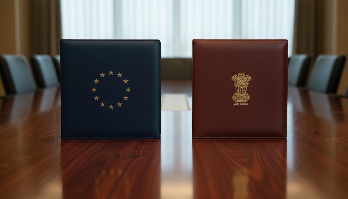 Индия и ЕС договорились об углублении интеграции финансовых систем Две папки для документов с эмблемами Европейского союза и Индии лежат рядом на полированном столе в зале для переговоров.