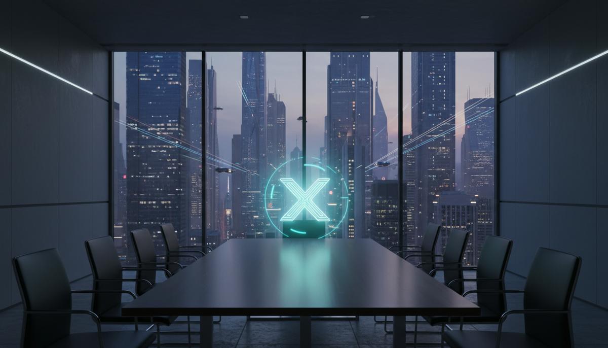 Пустой современный зал заседаний с панорамным окном на ночной город. На столе светится голограмма символа цифровой валюты.