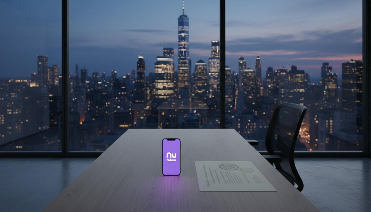 Современный офис с видом на деловой район Нью-Йорка. На столе лежит смартфон со светящимся логотипом банка Nu и официальный документ.