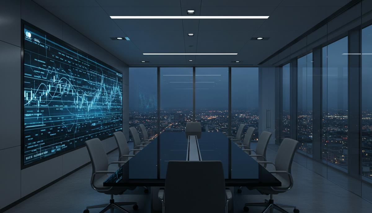 Mastercard увольняет 4% штата на фоне рекордной прибыли Пустой конференц-зал в ночном офисе. Вокруг стола стоят пустые кресла, на стене светится экран с финансовыми графиками.