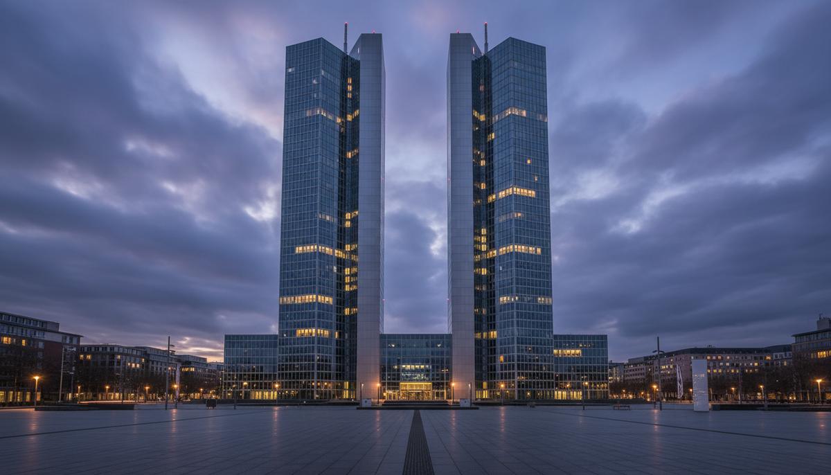 Две стеклянные башни штаб-квартиры Deutsche Bank во Франкфурте-на-Майне на фоне пасмурного вечернего неба.