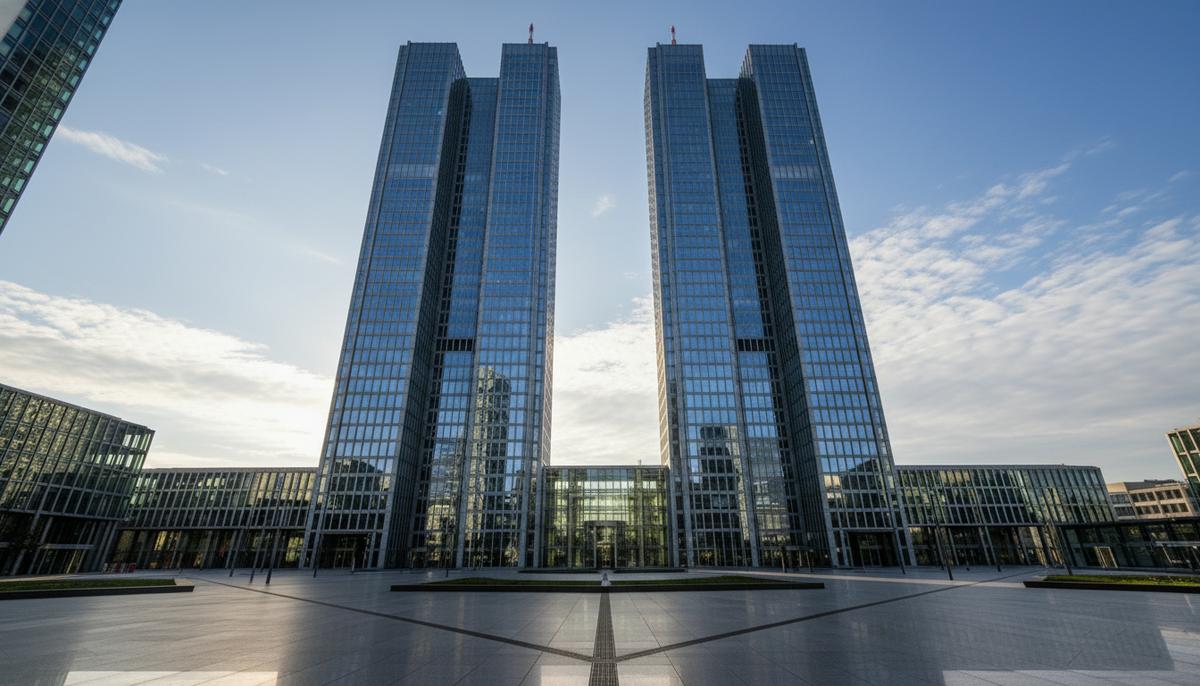 Стеклянные башни-близнецы штаб-квартиры Deutsche Bank во Франкфурте, Германия. Вид на современные небоскребы снизу вверх.