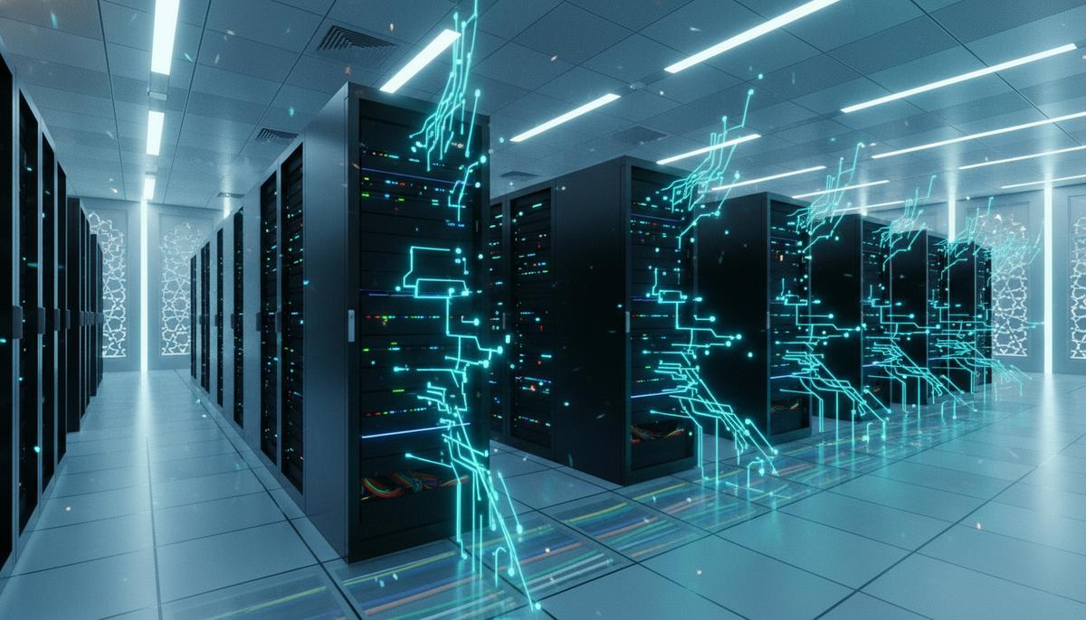 Современный центр обработки данных с серверными стойками, между которыми проходят светящиеся потоки данных в виде нейронной сети.