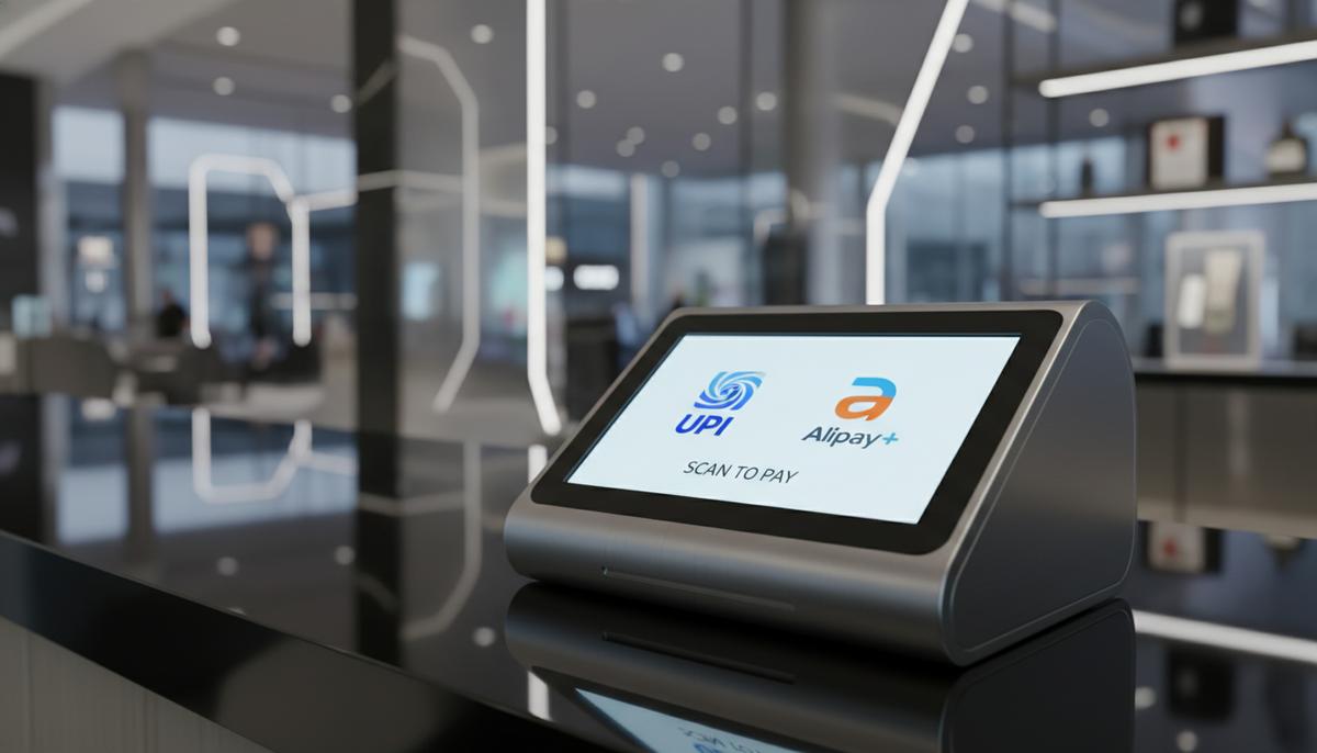Индия и Китай обсуждают интеграцию платежных систем UPI и Alipay+ Платежный терминал с яркими логотипами платежных систем UPI и Alipay+ на экране, стоящий на стойке в современном магазине.