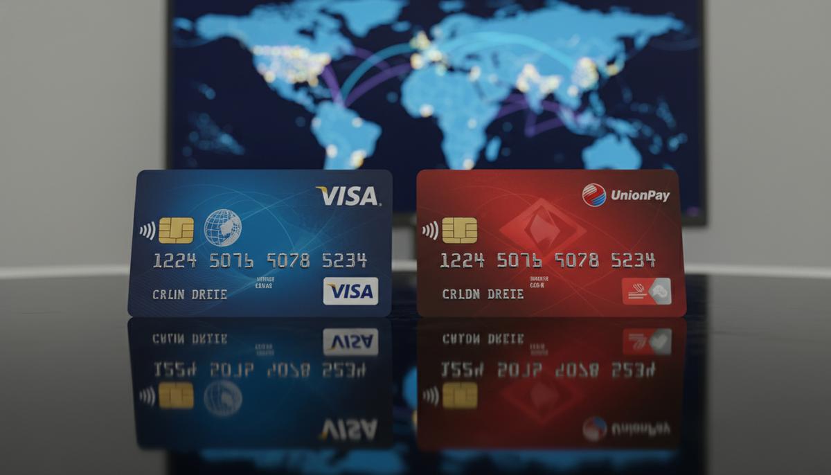Банковская карта Visa и карта UnionPay лежат рядом на темном стеклянном столе на фоне размытого экрана с картой мира.