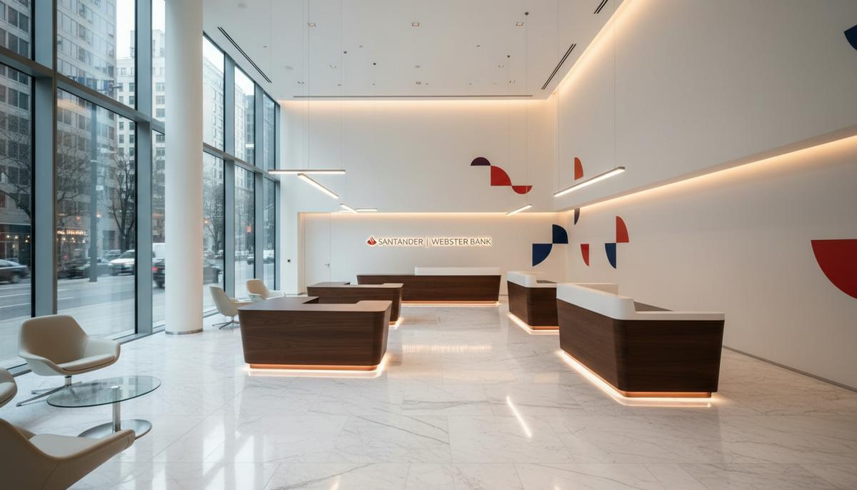 Пустой интерьер современного банковского отделения. Мраморный пол, элегантные стойки и панорамные окна в деловом квартале.