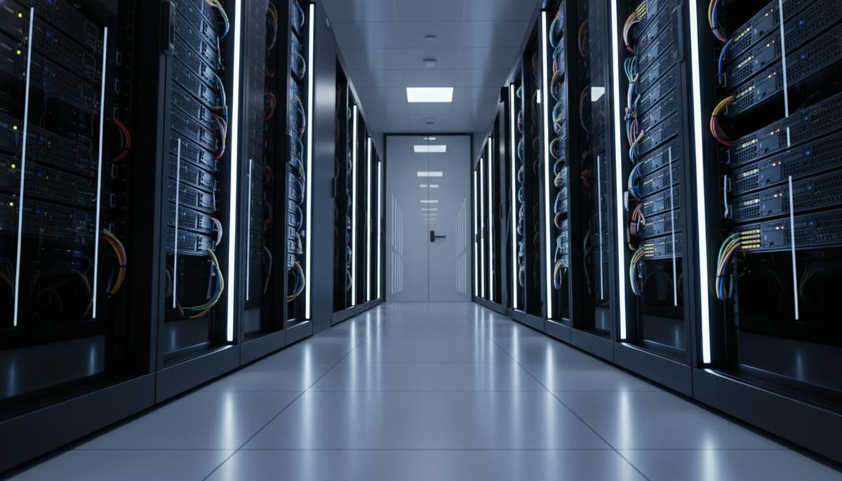 Проход в современном дата-центре с рядами черных серверных стоек, подсвеченных синими светодиодными огнями.