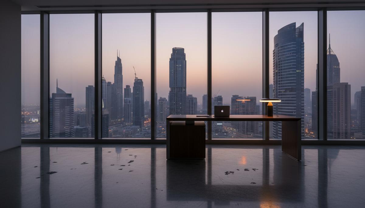 Роскошный пустой офис на высоком этаже с панорамным видом на небоскребы финансового центра Дубая в сумерках.