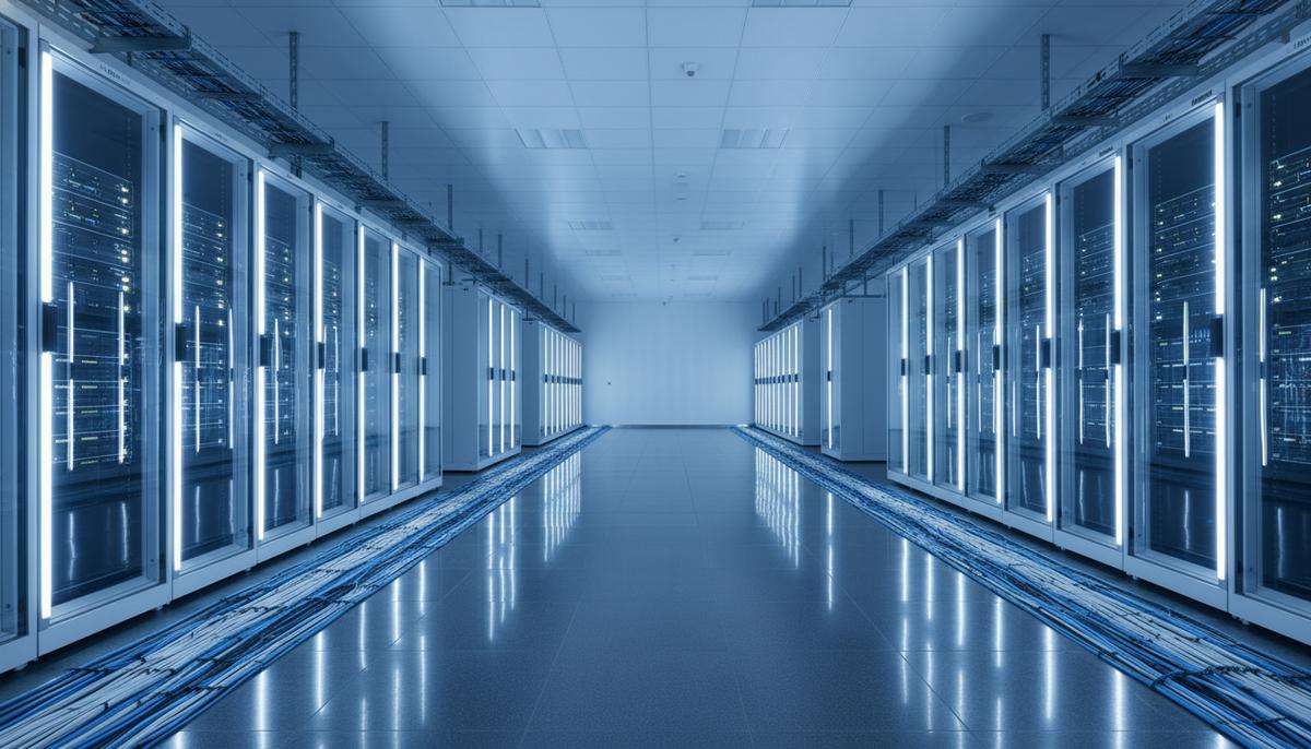 Современный центр обработки данных банка с рядами серверных стоек, светящимися индикаторами и аккуратно проложенными кабелями.