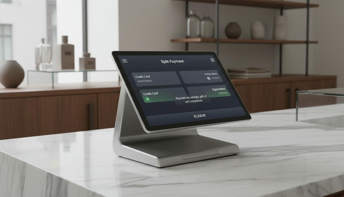 Платежный терминал на стойке в современном магазине, на экране которого виден интерфейс приложения цифрового кошелька.